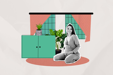 Creative collage young woman home interior furniture maternity newborn baby awaiting motherhood...