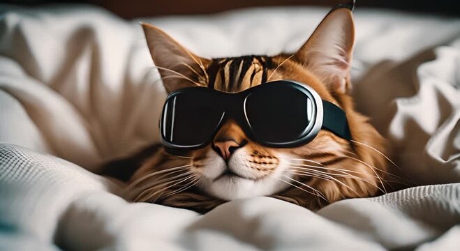 Cat with sleep mask in bed.