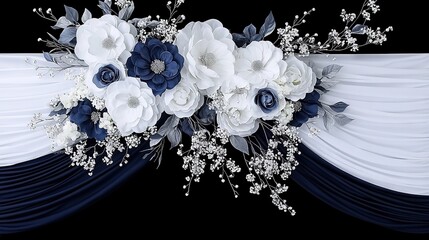   A white and blue bouquet sits atop a blue-white tablecloth against a dark backdrop