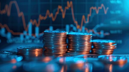 A Blue Double Exposure Of Money Coins Stacking With A Financial Graph, Representing Growth
