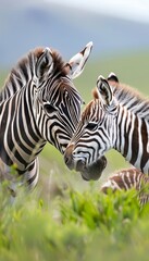 Tender moment  zebra foal nuzzling mother in peaceful meadow with harmonious stripes alignment