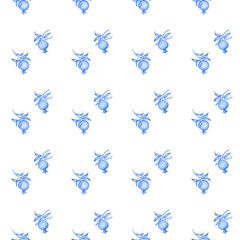Pattern with pomegranates, fruits and flowers. Seamless watercolor floral pattern in blue colors.