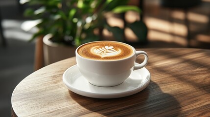 Obraz premium Close-up of a cup of cappuccino with latte art on a wooden table.