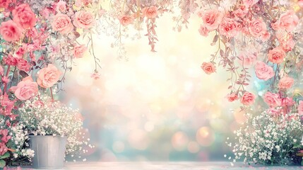   Pink roses and baby's breath in a white and pink background