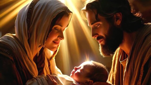 Mary and Joseph Kneeling Over Newborn Baby Jesus in Manger with Divine Light - new stock video footage AI
