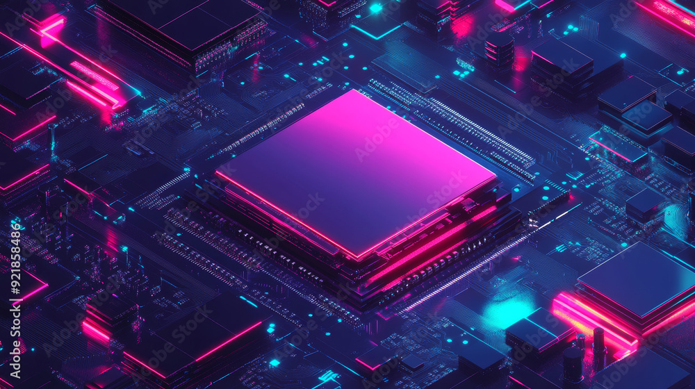 Poster futuristic microchip processor illuminated against a blue background. represents quantum computing, 