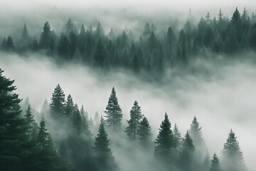 Background of green pine trees in misty forest morning fog mist. Mysterious evergreen forest in a fog. green pine trees foggy morning. Dark atmospheric autumn landscape. Panoramic scenery.