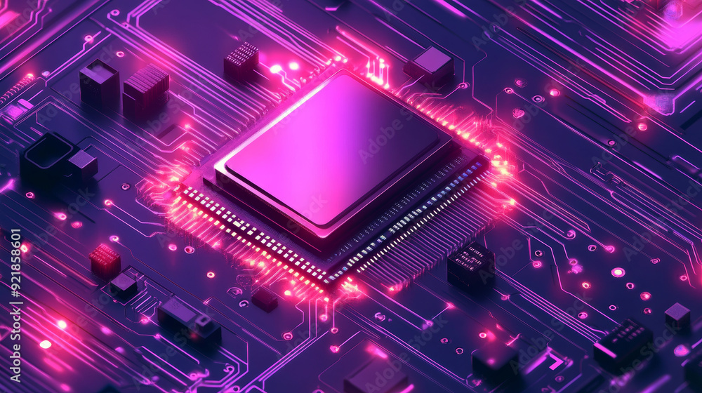 Poster futuristic microchip processor illuminated against a blue background. represents quantum computing, 