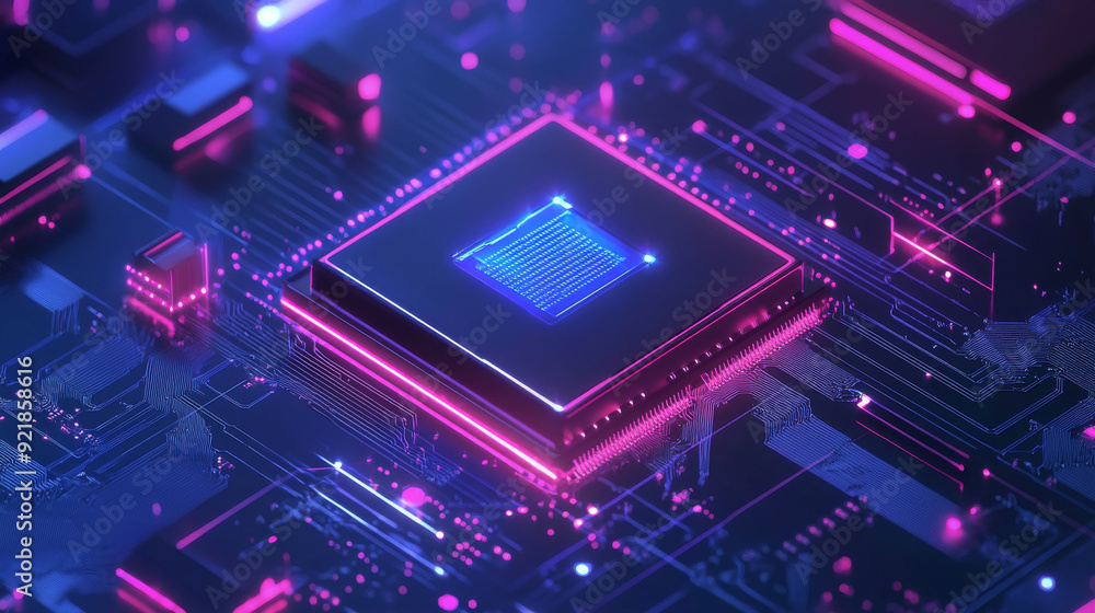 Poster futuristic microchip processor illuminated against a blue background. represents quantum computing, 