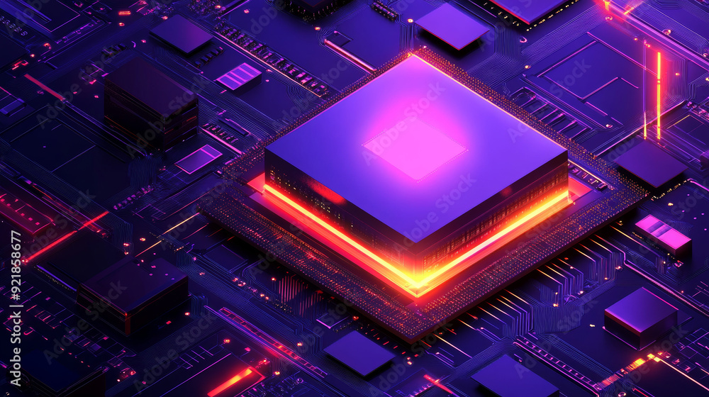 Poster futuristic microchip processor illuminated against a blue background. represents quantum computing, 