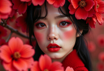 Naklejka premium Asian girl with red flower