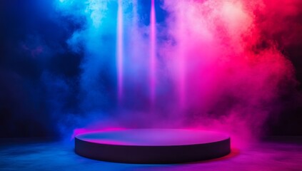 Abstract background podium scene with colorful smoke and neon light in dark room