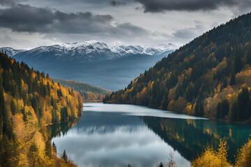 Obraz premium Lake Between Forests And Mountains