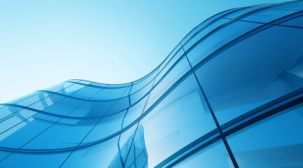 A curved glass building with blue tones interior