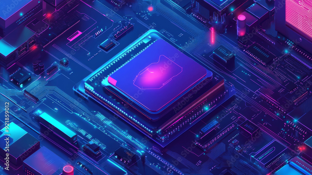 Poster futuristic microchip processor illuminated against a blue background. represents quantum computing, 
