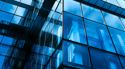 A close up of the glass curtain wall on an office