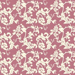 Seamless pattern of Rococo-inspired swirls and flourishes in antique pink and ivory