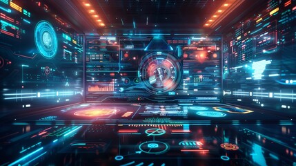 Futuristic holographic technology concept with advanced interactive displays and modern design