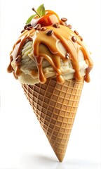 Toffee Apple and Cinnamon Ice Cream Cone with Swirls and Whipped Delights with Toppings: A Cold and Creamy Frozen Dessert in a Crispy Wafer
