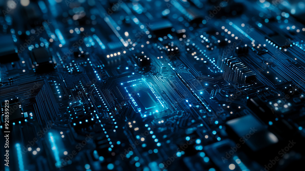 Poster quantum computer technologies concept. futuristic blue circuit board background with modern technolo