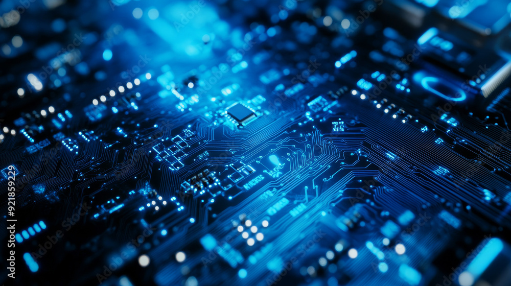 Poster quantum computer technologies concept. futuristic blue circuit board background with modern technolo