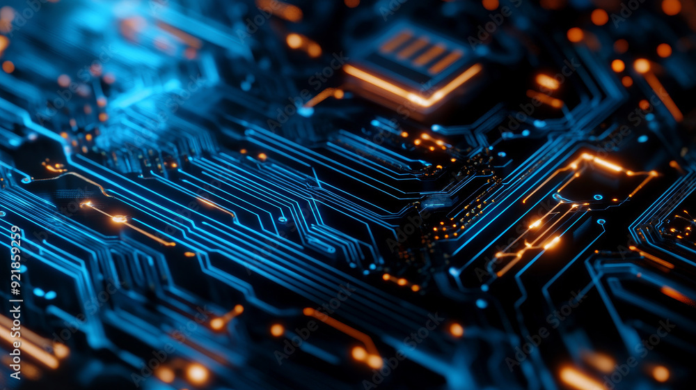 Poster quantum computer technologies concept. futuristic blue circuit board background with modern technolo