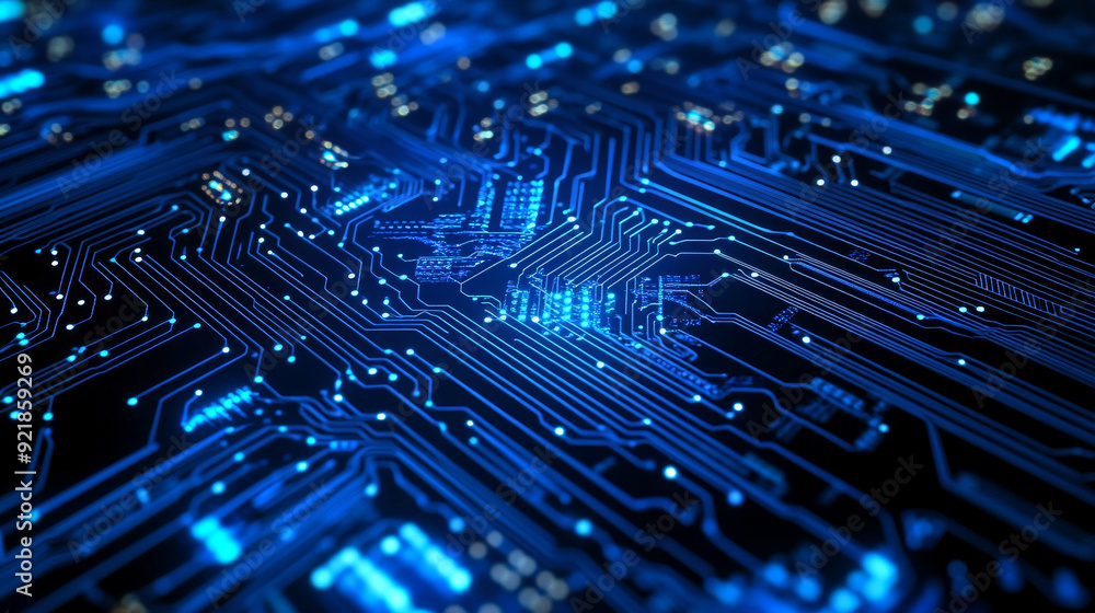 Poster quantum computer technologies concept. futuristic blue circuit board background with modern technolo