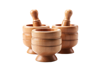 Elegant Wooden Mortars and Pestles Gathered Together in a Warm Kitchen Setting on White or PNG Transparent Background.