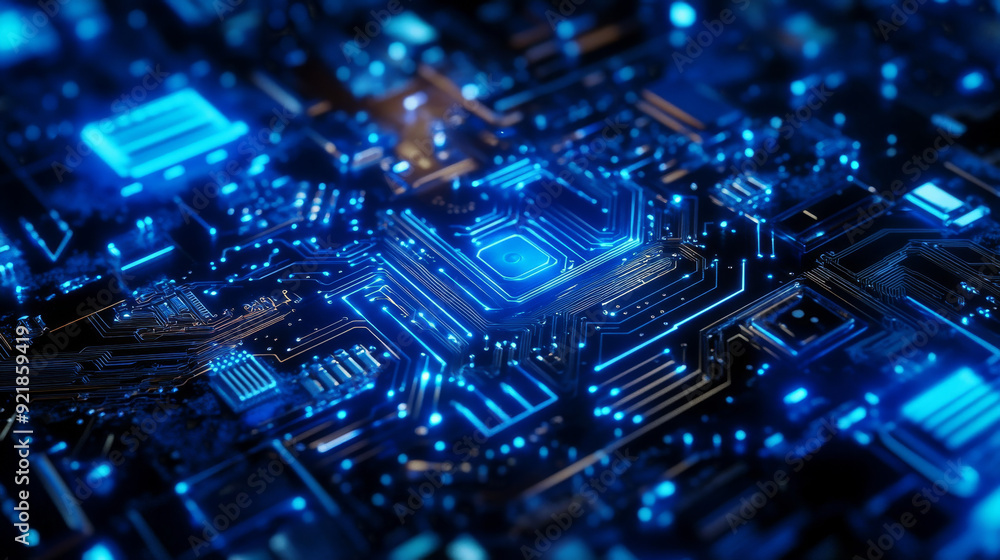 Poster quantum computer technologies concept. futuristic blue circuit board background with modern technolo
