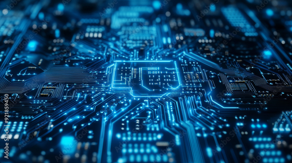 Poster quantum computer technologies concept. futuristic blue circuit board background with modern technolo