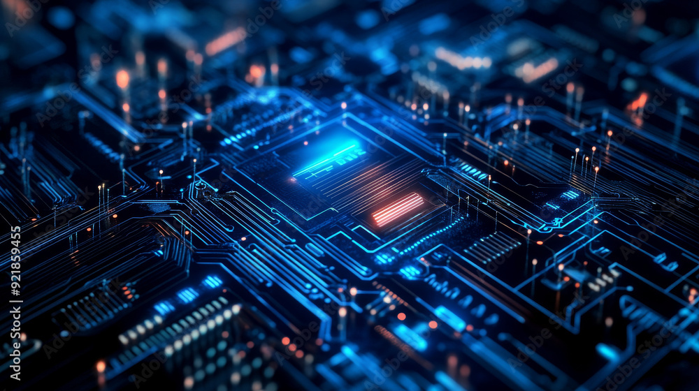 Poster quantum computer technologies concept. futuristic blue circuit board background with modern technolo