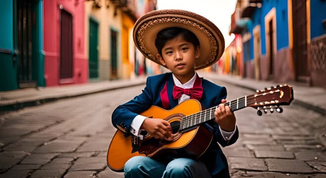 Mexican mariachi boy playing guitar.
