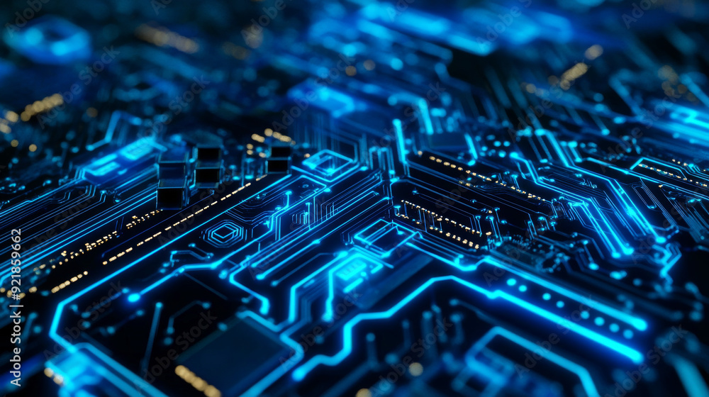 Poster quantum computer technologies concept. futuristic blue circuit board background with modern technolo