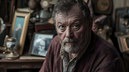Fototapeta premium A series of close-up portraits of antique dealers, with aged objects and relics in the background, capturing the stories behind the items they curate.