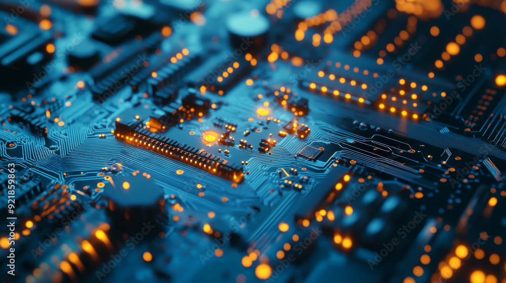 Poster quantum computer technologies concept. futuristic blue circuit board background with modern technolo