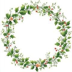 Fototapeta premium Christmas Holly Wreath with Berries and Flowers