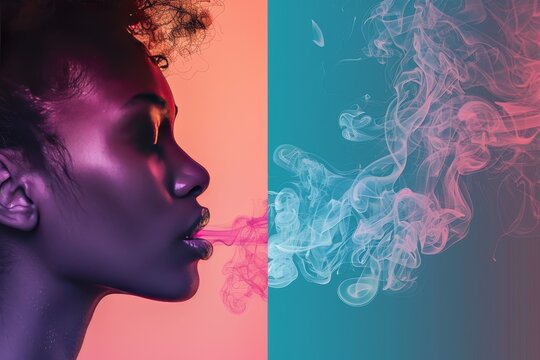 Vibrant dual tone portrait of a woman breathing out colorful smoke in a surreal fantasy