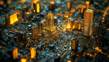 3d rendering of an aerial view of miniature cityscape made from circuit board and microchips with skyscrapers