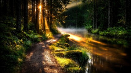   Sunlight filters through the trees, illuminating a forest trail beside the river