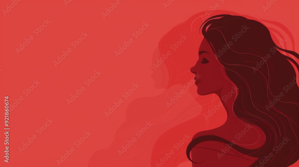Poster simple red design background with a woman drawing for text space.