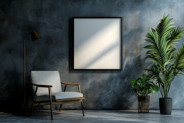 Minimalist Armchair with Blank Canvas Frame and Greenery on Metal Shelf