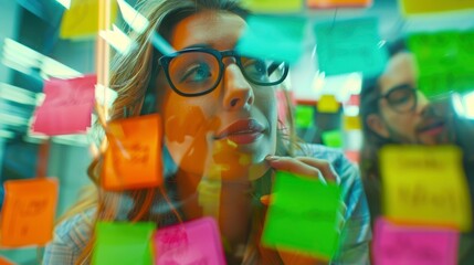 Obraz premium A Cheerful Businesswoman And Her Colleagues Enthusiastically Look At Sticky Notes On A Glass Wall In The Office