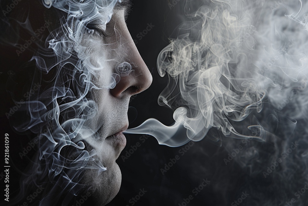 Poster abstract silhouette of a person enveloped by smoke in a display of solitude and introspection
