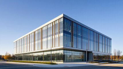 Fototapeta premium Tall modern commercial building with sleek glass windows casting long dramatic shadows during the golden hour, set against a clear blue sky, highlighting the striking architecture and urban landscape.