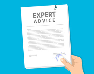 Expert advice paper document, vector knowledge support, consulting and assistance. Hand holding paper sheet with business or industrial expert advice, professional guidance, recommendations, opinions