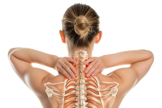 Female neck, back and trapezius muscles with upper spine inside, thoracic region marked red. Caucasian woman touches her shoulder, Isolated on transparent background.