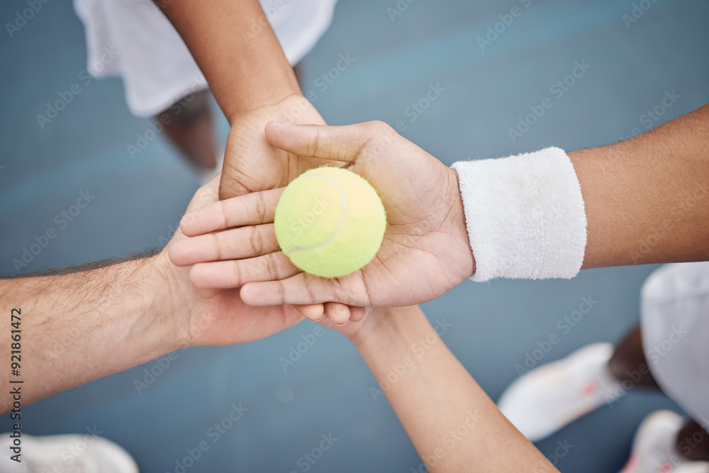 Canvas Prints Tennis, ball and hands of people for teamwork on court for training, tournament match and game. International event, fitness and above of athlete for exercise, practice and workout for competition