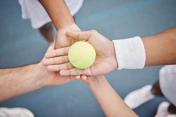 Tennis, ball and hands of people for teamwork on court for training, tournament match and game....
