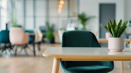 A modern office space featuring a stylish chair, a table, and a vibrant plant, creating a fresh and inviting work environment.