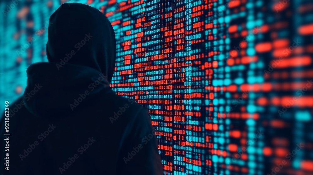 Aufkleber a mysterious figure in a hoodie stands before a digital matrix of vibrant code, representing technol